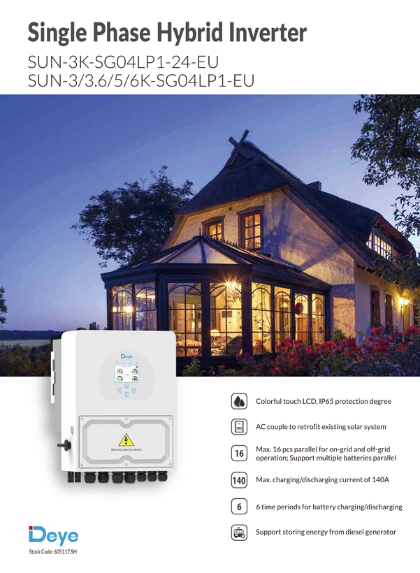 اینورتر هیبریدی 6 کیلووات تک فاز Low Voltage برند DeYe مدل Sun-6K-SG04LP1-EU